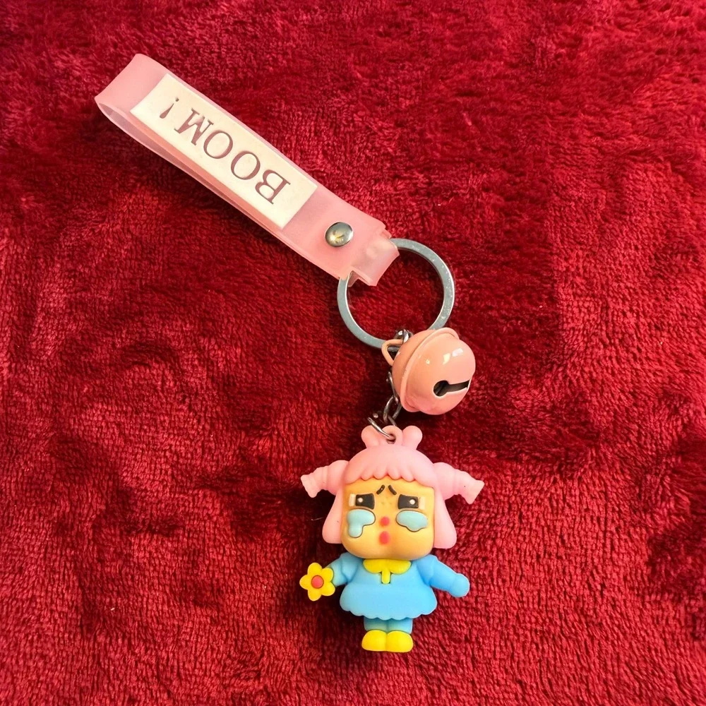 Crying Girl 3D PVC Keychain Pink Blue Character Charm with Bell and Boom Strap